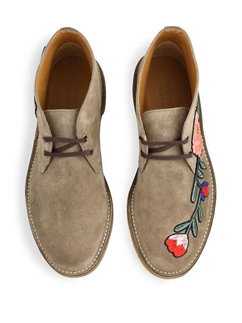 Shop Gucci New Moreau Embroidered Suede Chukka Boots